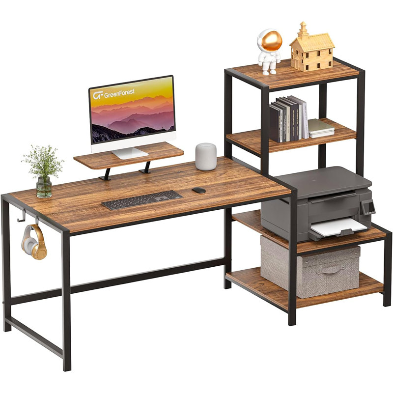 17 Stories Office Desk 58 Inch With Printer Shelf Reversible Computer Desk With Movable Monitor Stand And 2 Hooks Home Workstation For Study Writing Working Gaming Brown Wayfair